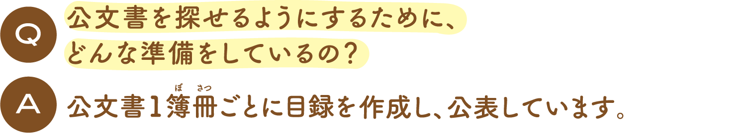 Q 公文書を探せるようにするために、どんな準備をしているの？ A 公文書1簿冊ごとに目録を
作成し、公表しています。