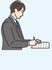 スーツの現代人が文字を書いている様子