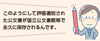 このようにして評価選別された公文書が国立公文書館等で永久に保存されるんです。