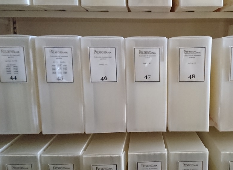 中性紙箱の容器が整然と並ぶ図書館アーカイブズ収蔵庫内