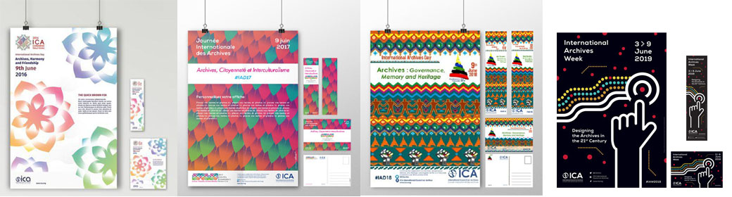 図１　カンファレンス・ロゴと一体化した「国際アーカイブズの日／週間」にかかるコミュニケーション・ツールキット。左から、2016ソウル大会、2017メキシコシティ年次会合、2018ヤウンデ年次会合、2019アデレード年次会合。